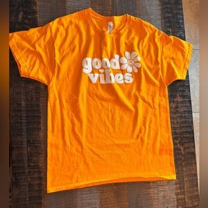 Women’s Short Sleeve T-Shirt “Good Vibes” Mustard Yellow with White Logo Large